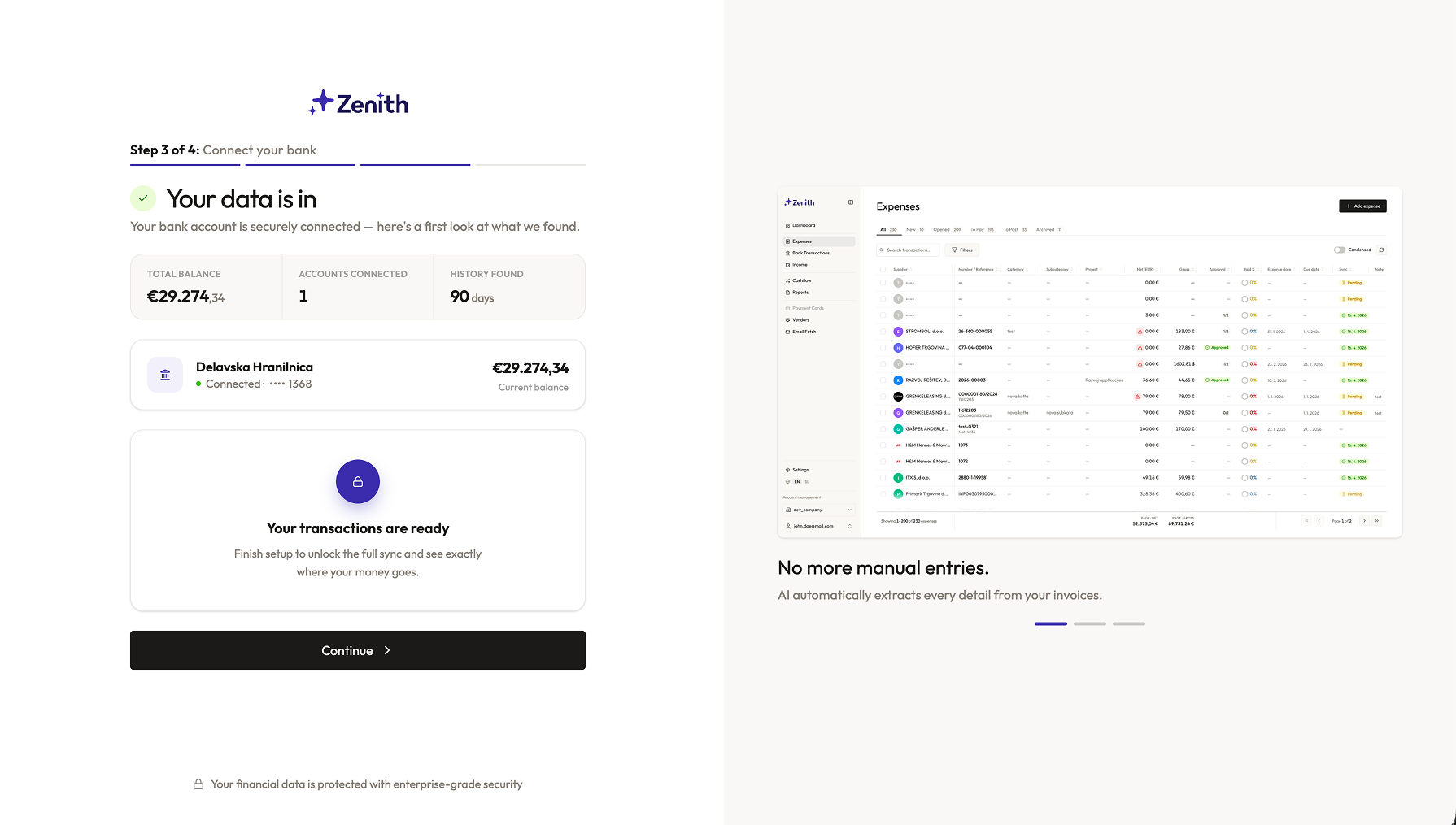 Step 4 of bank connection: your bank account is securely connected and Zenith shows your total balance, accounts connected, available transaction history, and a first look at your synced expenses.