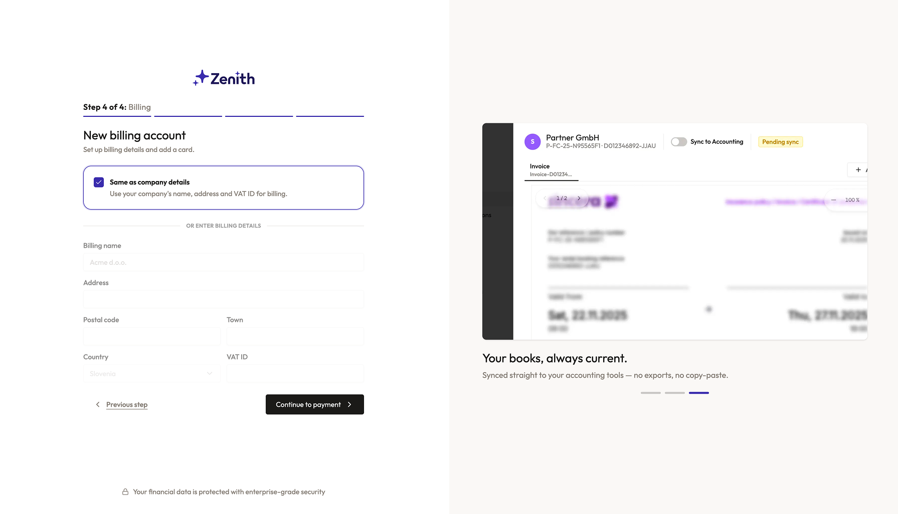 Step 5 of bank connection: set up your Zenith billing account, confirm your company details, and add a payment method to start syncing.