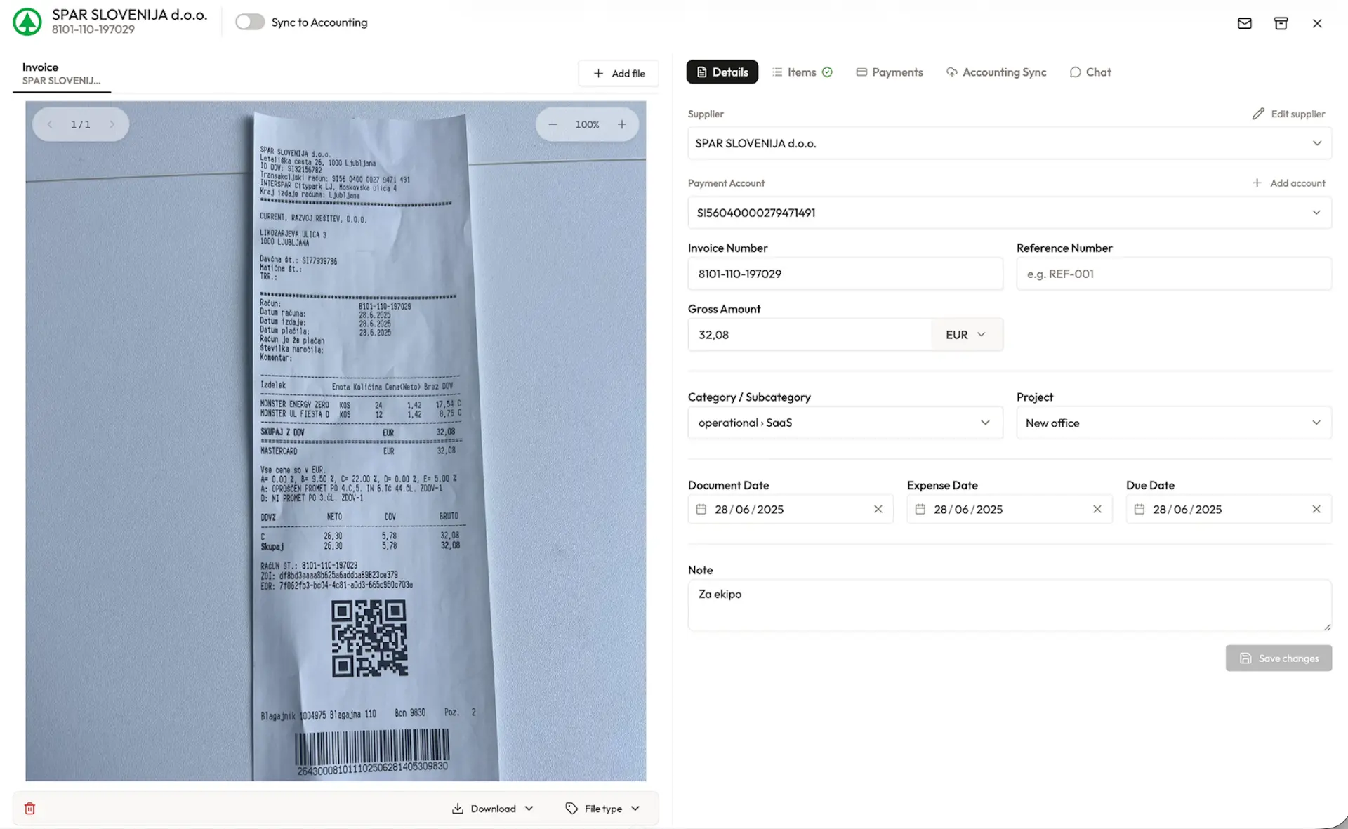 Supplier, amounts, dates and category parsed automatically