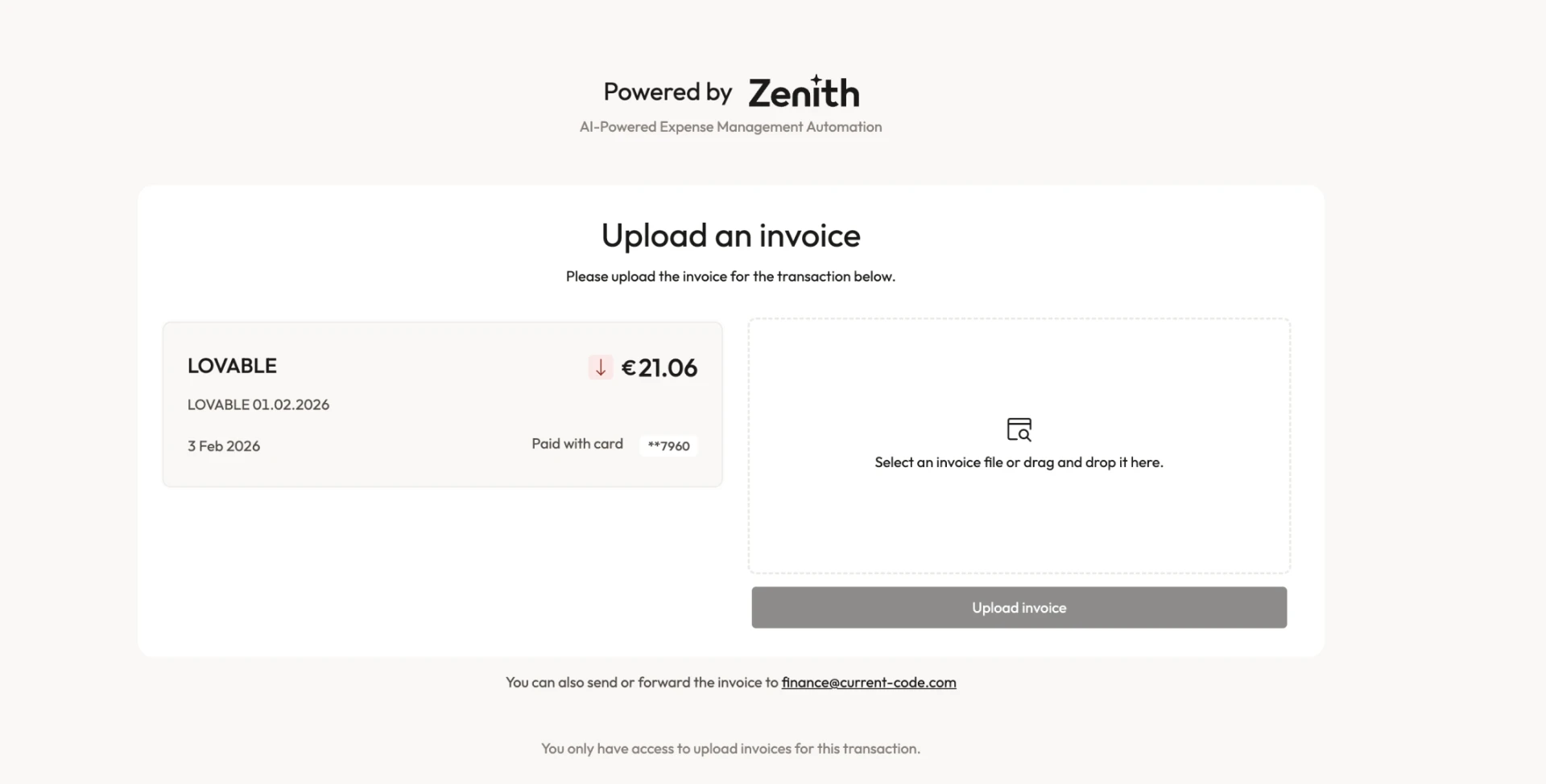 Cardholders upload the missing invoice in one click