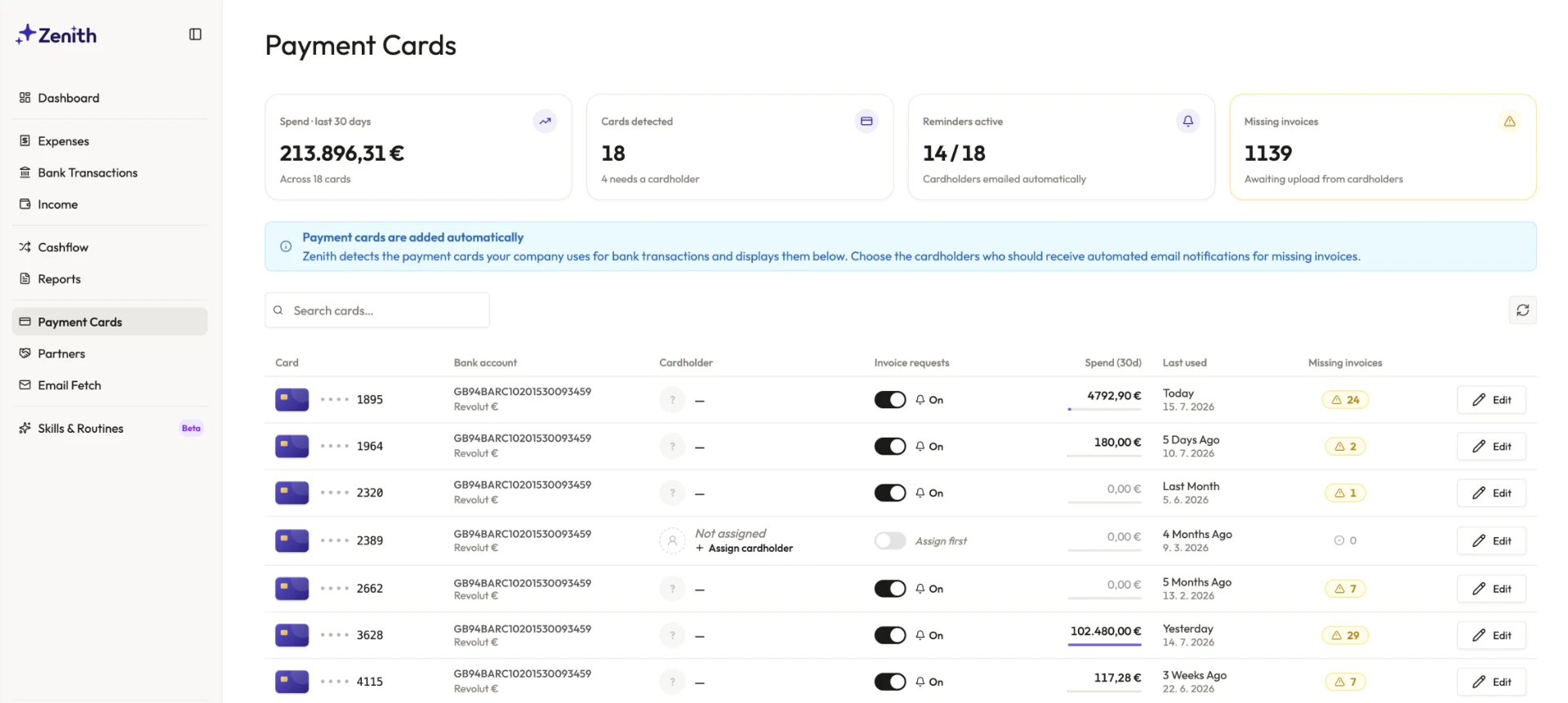 Live transactions across every corporate card