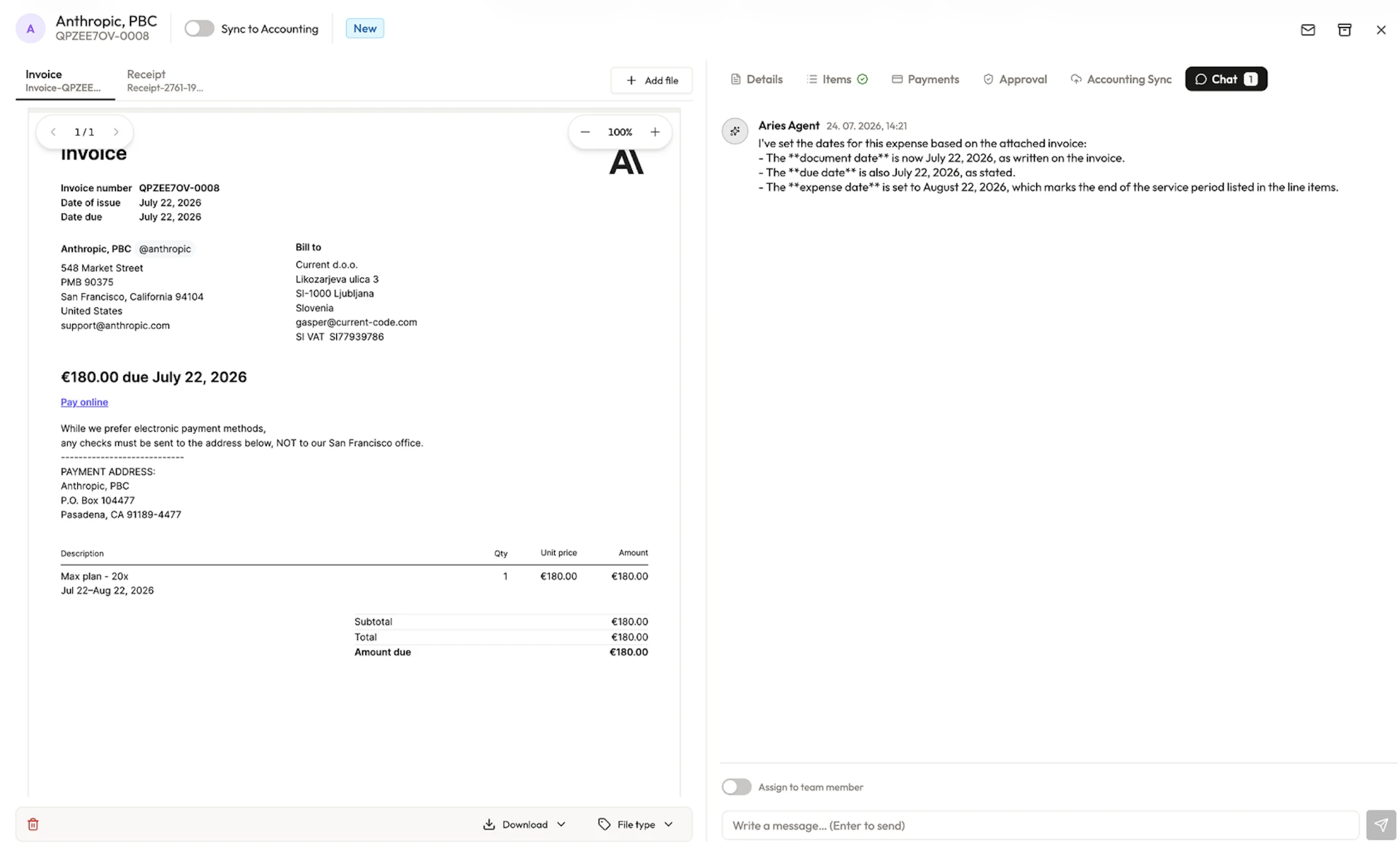 Aries Agent reviews invoices and answers questions in plain language