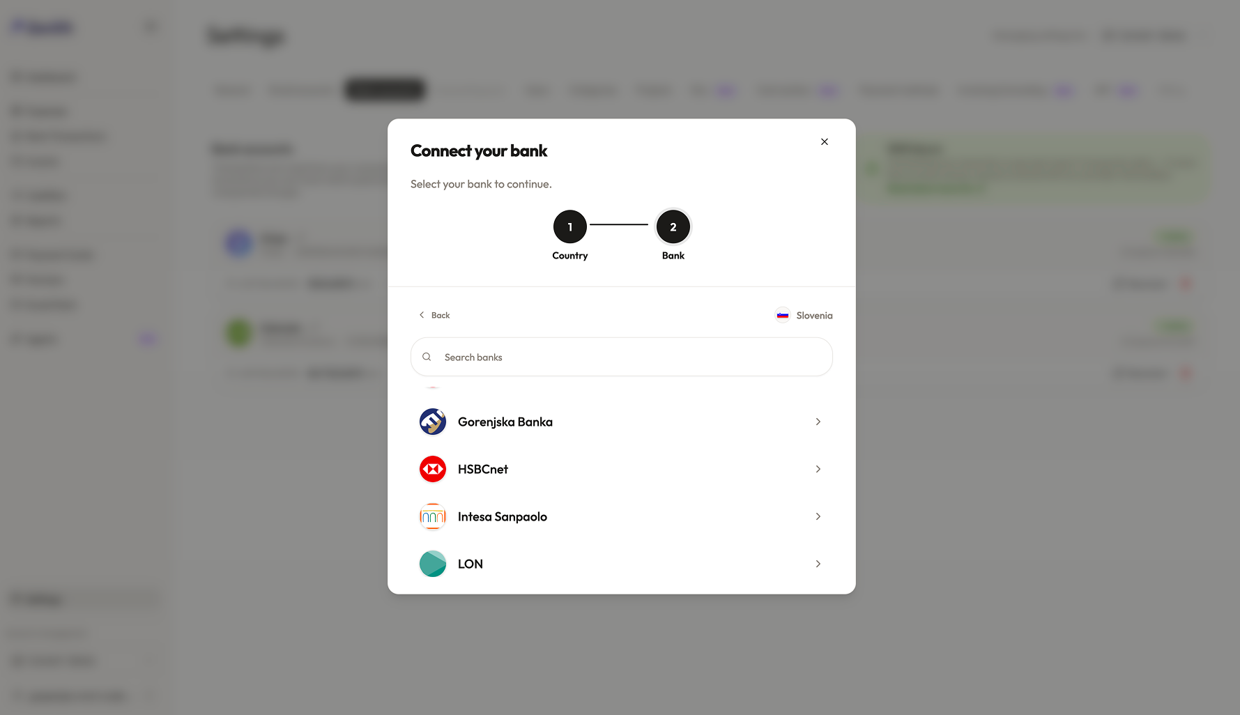 Connect your bank — select your bank and country to continue