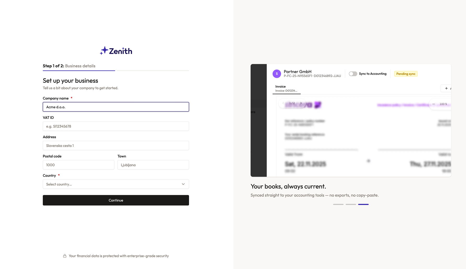Step 1 of bank connection: enter your business details in the Zenith setup form including company name, VAT ID, address, and country.