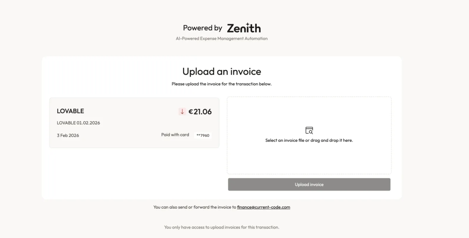 Cardholders upload the missing invoice in one click